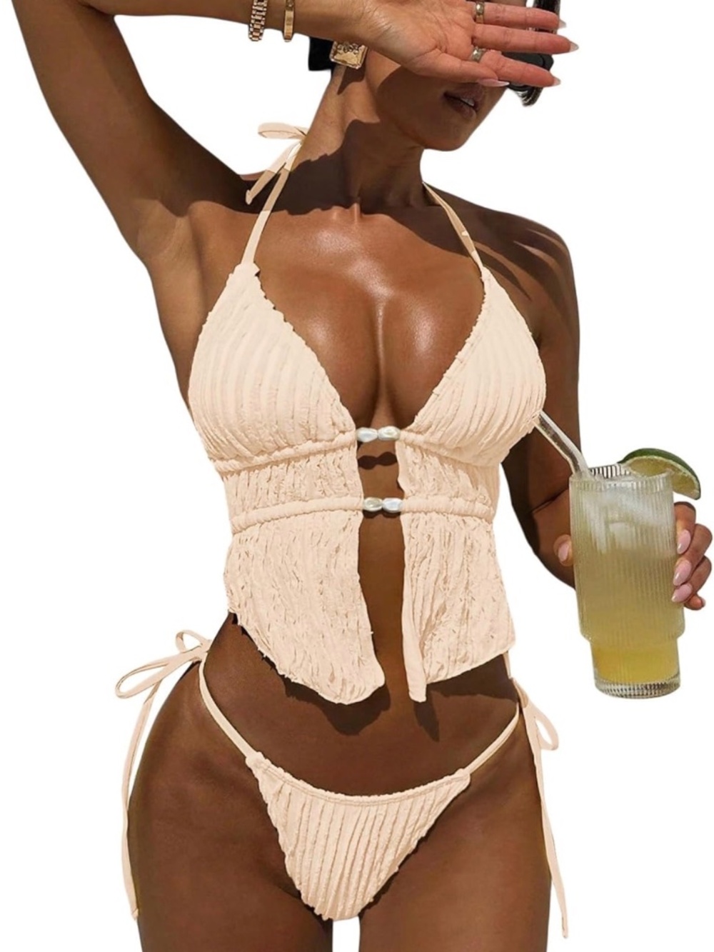 Women's 2 Piece Beaded Bikini Sets Halter Swimsuits Textured Backless Tie Side B